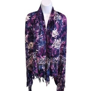 Purple Batik Tie-Dye Beach Coverup - Fringed Sarong Wrap